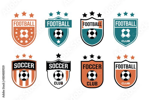 Collection of football and soccer club emblems with stars and shields.