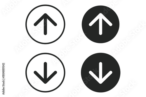 Up and down arrows are shown in circles on a white background.