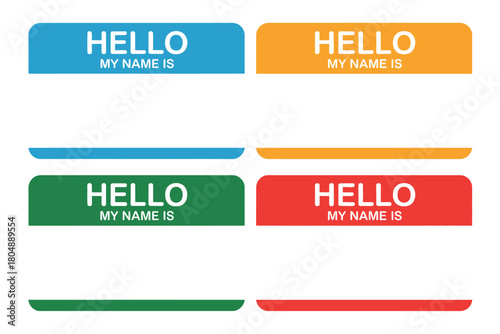 Four different colored name tags that say "HELLO MY NAME IS".