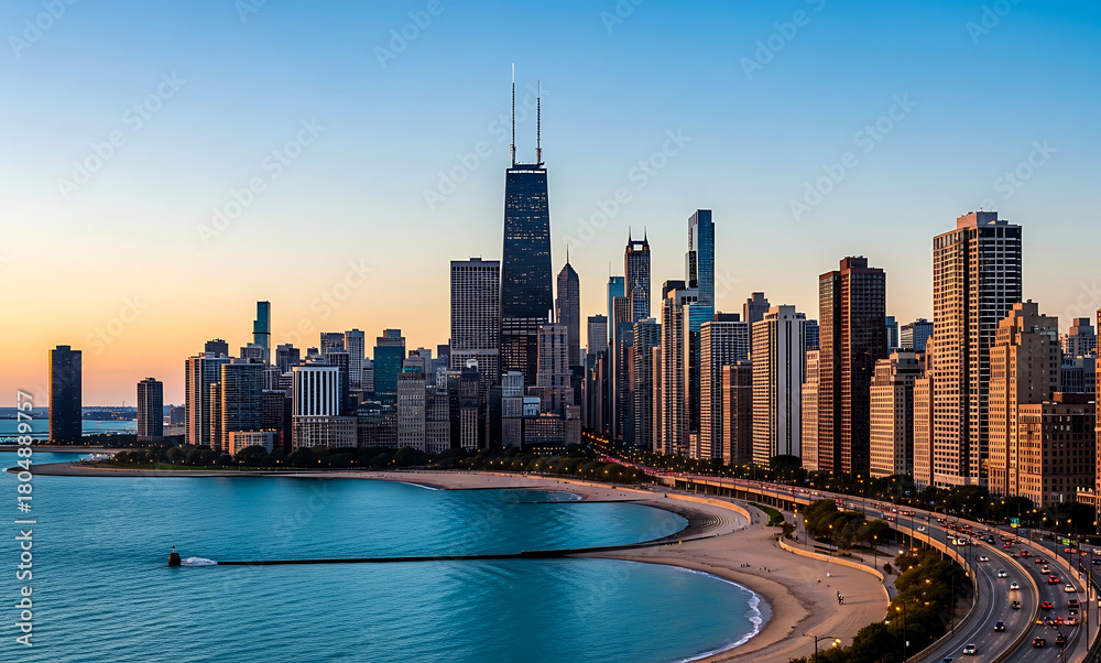 Naklejka premium Chicago Skyline at Sunrise Along Lake Michigan with Beach and Roadway View