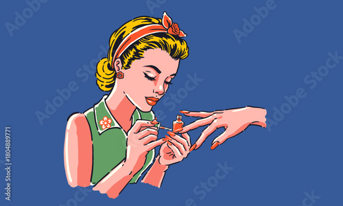 vintage illustration of a woman giving a manicure. Retro artwork for a nail salon or t-shirt