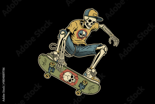 Skeleton Skateboarder Performing Trick on Skateboard.