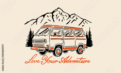 retro line art illustration of a camper van in the mountains. Live Your Adventure artwork for a t-shirt