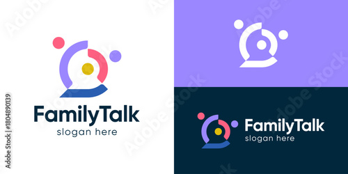 Creative simple family talk logo template. People person human with bubble chat logo design vector illustration.