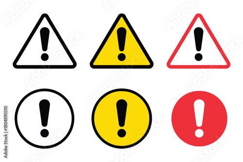 Three different warning signs featuring an exclamation mark in triangles and circles.