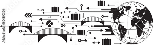 Global travel and logistics network with bridges and arrows world