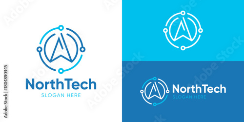 Creative simple north tech logo template. Compass with circuit technology symbol logo design vector illustration.