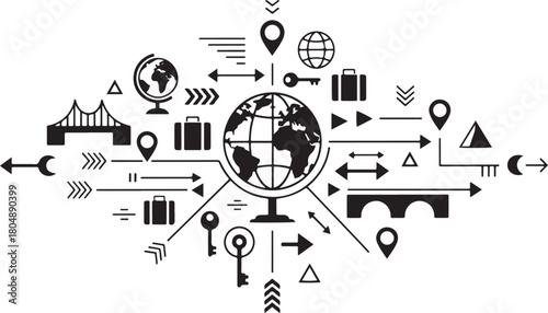 Global travel and logistics network with earth, bridges, and icons Keywords: globe, earth, world