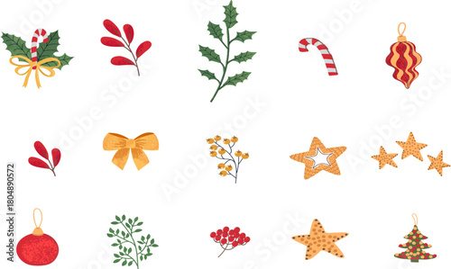 A charming collection of festive Christmas ornaments, festive foliage, sweet candy canes, and delightful seasonal decorations perfect for holiday crafting and joyful design projects