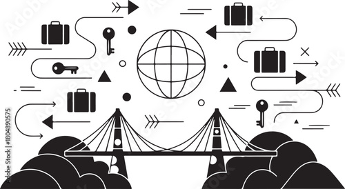 Global Travel and Migration Concept with Bridge and Luggage Icons world globe