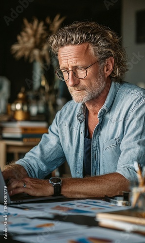 Mature man working remotely on laptop at desk