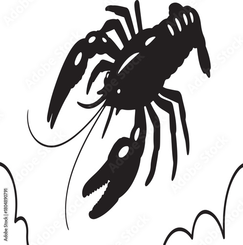 Black silhouette of a crawfish or lobster swimming in water, suitable for seafood menus and ocean themes.