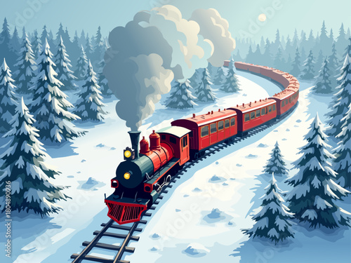 Festive Train in Snowy Winter Landscape Vector Illustration