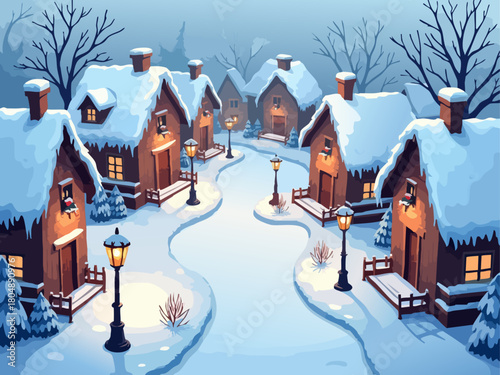 Aerial Isometric Vector Snowy Village