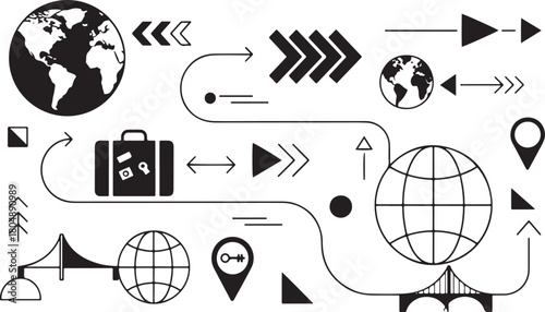 Global Travel and Navigation Icons with Bridges and Globes Keywords: travel, navigation, globe