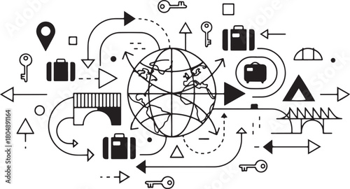 Global travel concept with globe bridges suitcases keys and arrows Keywords: globe travel network