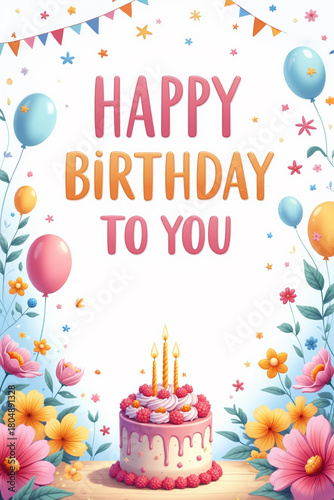 Colorful birthday illustration with cake, balloons, and flowers surrounding the text HAPPY BIRTHDAY TO YOU on a white background.