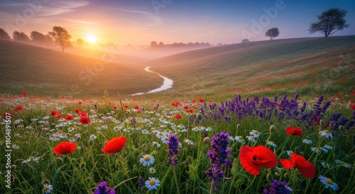 Fototapeta Naklejka Na Ścianę i Meble -  A vibrant, colorful meadow with red poppies, purple flowers, and a stream flowing through the grassy hills under a clear blue sky with a few scattered clouds.