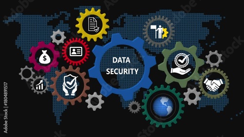 DATA SECURITY, International Organization for Standardization concept. Technology, Internet and network concept on world background 4k video