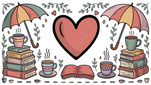 Cozy reading illustration with books umbrellas and coffee cups perfect for book lovers and rainy day vibes