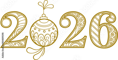 Golden New Year 2026 text with intricate Christmas ornaments, transparent background, PNG & vector.