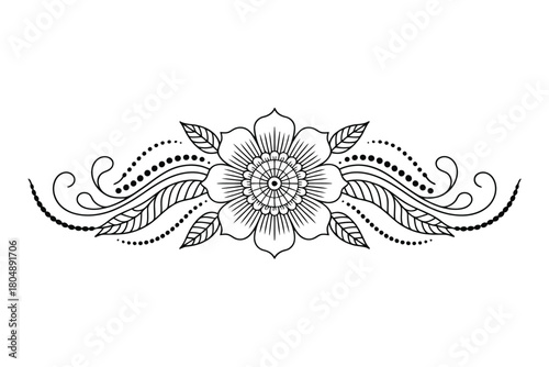 Black and white floral henna design with leaves and dots mehndi flower