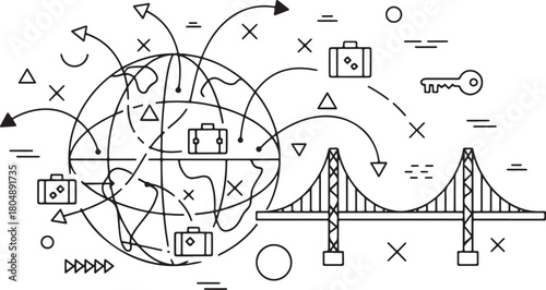 Interconnected global network with travel and business elements globe earth