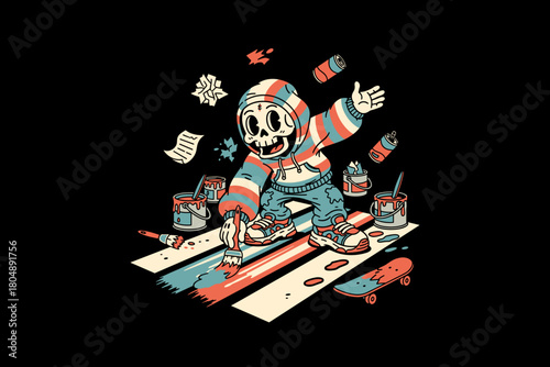 Skeleton artist painting on wooden planks with spray cans and sk