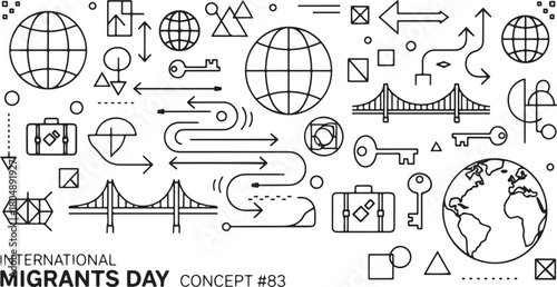 International Migrants Day Concept Globes Suitcases Bridges Keys Arrows world travel