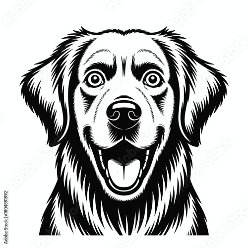 Shocked golden retriever line illustration in clean black and white style, featuring expressive eyes, open mouth, and bold lines ideal for stickers, prints, and graphic design projects.
