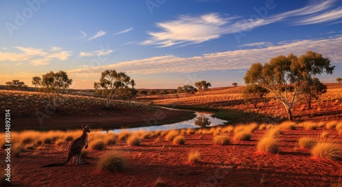 A kangaroo standing in a dry, arid landscape with scattered trees and a small body of water.