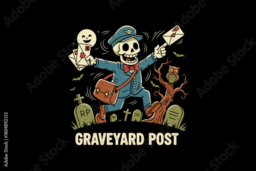 Spooky Skeleton Postman Delivering Mail in a Graveyard.