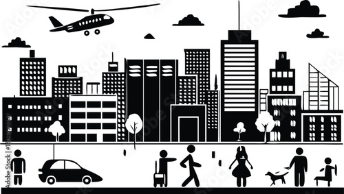 Cityscape with Helicopter People Car and Dog urban