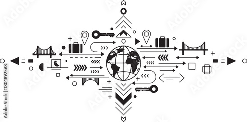 Symmetrical global travel and logistics network with icons globe world