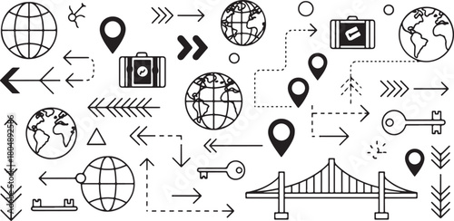 Scattered travel and navigation icons with globes and bridges vector illustration