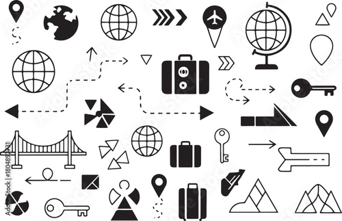 Travel and adventure icons with globes, bridges, and suitcases Keywords: globe, earth, world