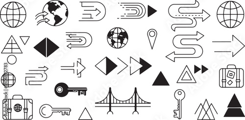 Travel and directional icons with globes, bridges, and suitcases Keywords: globe, earth, world
