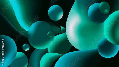 Luminous green bubbles in dark setting. AI generated