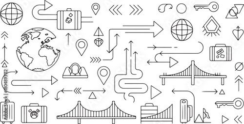 Travel and navigation icons with globes, bridges, and suitcases Keywords: globe, earth, world