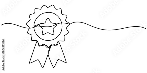 medal continuous one line drawing, of the best quality award badge with gold star winning medal illustration. 