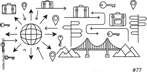 Travel concept with globe arrows suitcases keys and bridge Keywords: travel, globe, world, earth
