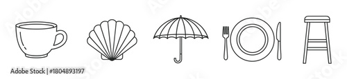 Set of five simple outline icons including a coffee cup, scallop shell, open umbrella, dining plate with cutlery, and a high stool, drawn in a clean, monochrome vector style