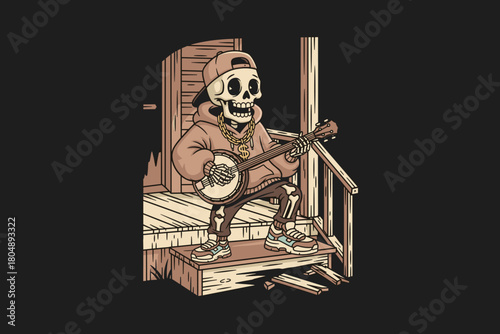 Skeleton playing banjo on porch steps wearing hoodie and basebal