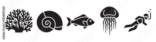 A horizontal row of black silhouette icons showcasing diverse marine life and underwater activities, featuring coral, a spiral seashell, a fish, a jellyfish, and a person snorkeling