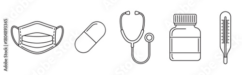 Set of simple black and white line art icons representing medical supplies like a face mask, capsule, stethoscope, pill bottle, and a clinical thermometer for healthcare concepts