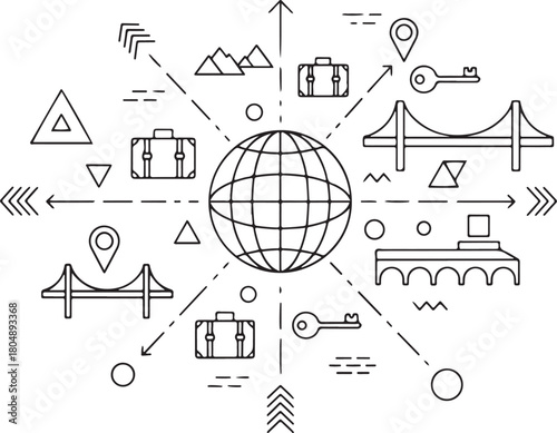 Travel Icons Radiating from a Globe with Mountains and Bridges world destination