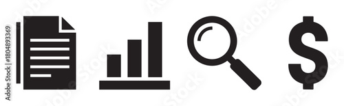 Minimalist flat vector icon set for business and finance, featuring a report document, growth bar chart, research magnifying glass, and a dollar sign for data analysis