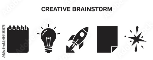 A conceptual illustration of the 'Creative Brainstorm' process, featuring five black silhouette icons: a notebook, a glowing lightbulb, a launching rocket, a document, and an impactful starburst