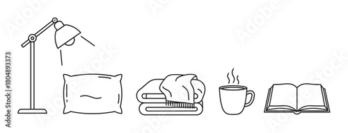 A minimalist black line art illustration features a cozy collection of domestic comfort items: a lamp, soft pillow, folded towels, a steaming mug, and an open book, suggesting relaxation