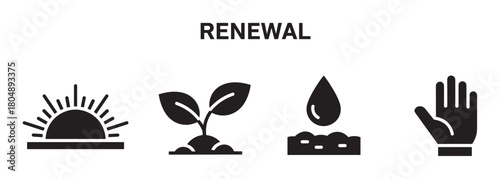 A set of four black glyph icons representing the concept of renewal, including a rising sun, a growing sprout, a water droplet, and a caring hand, presented in a linear row